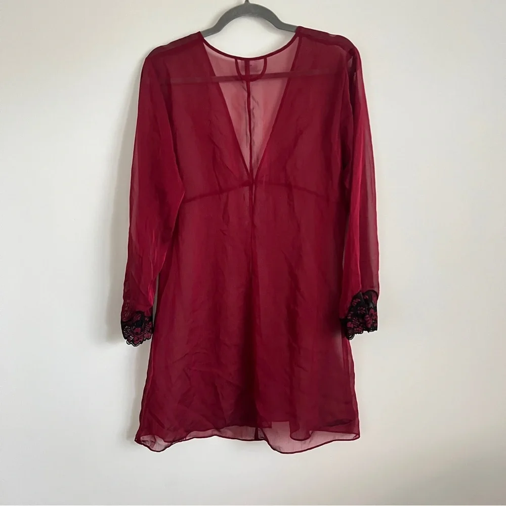 Frederick’s of Hollywood Y2K Burgundy Red Long Sleeve Slip Cover Dress Lingerie - Picture 7 of 10